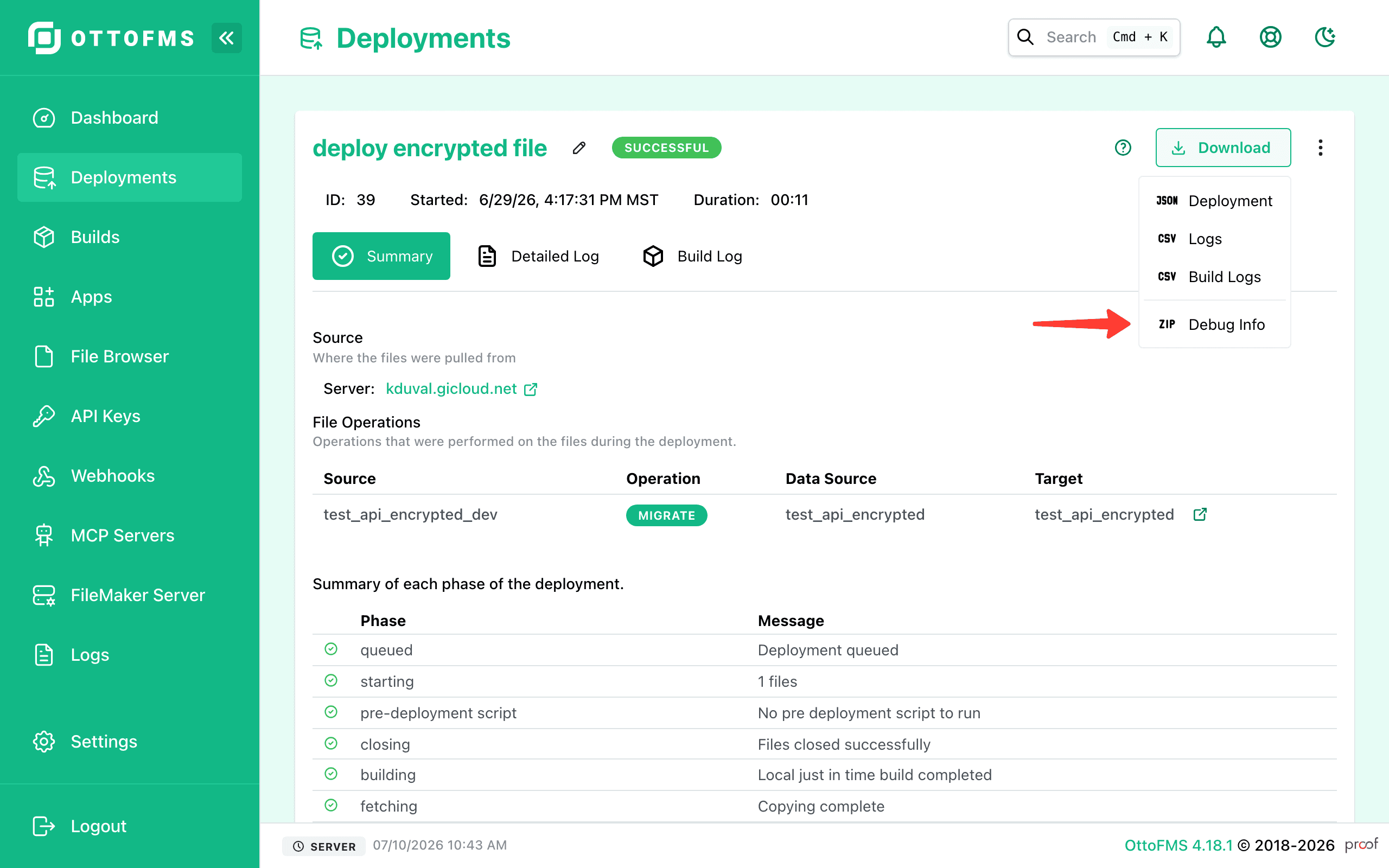 Deployment Debug ZIP Download
