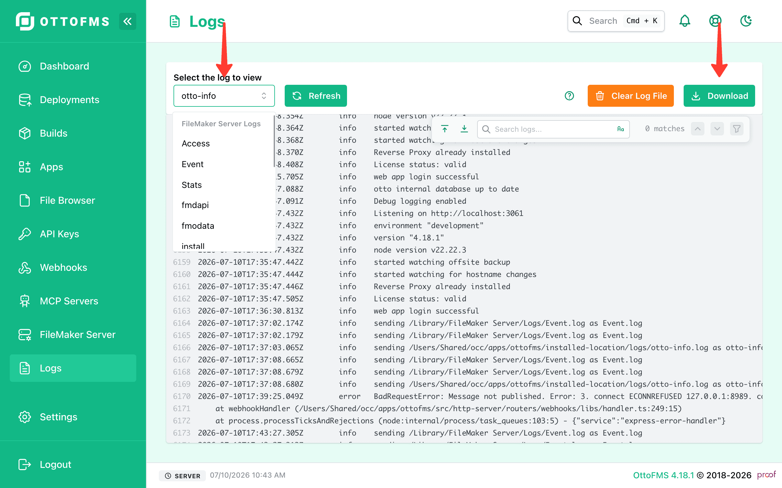 Download OttoFMS Logs