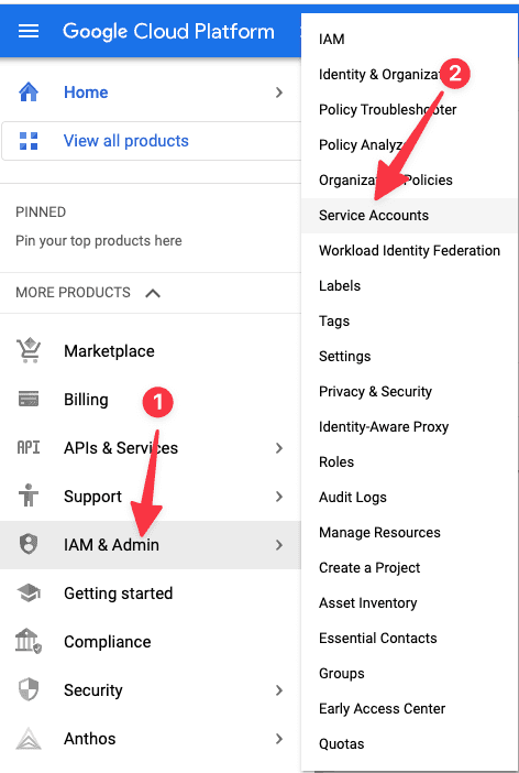 Menu Option for Going to Service Accounts in google Cloud Console