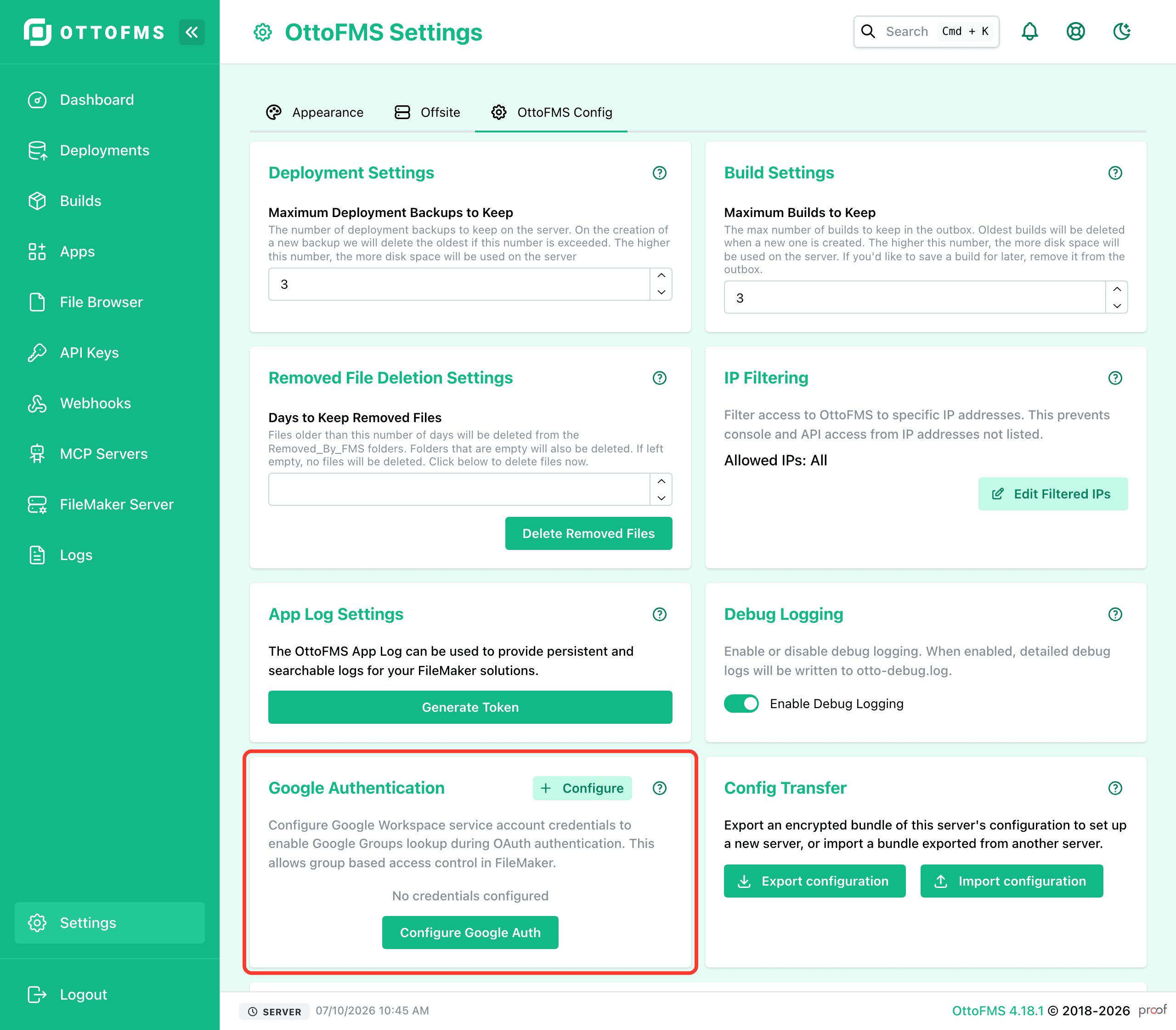 Navigate to OttoFMS Config Settings