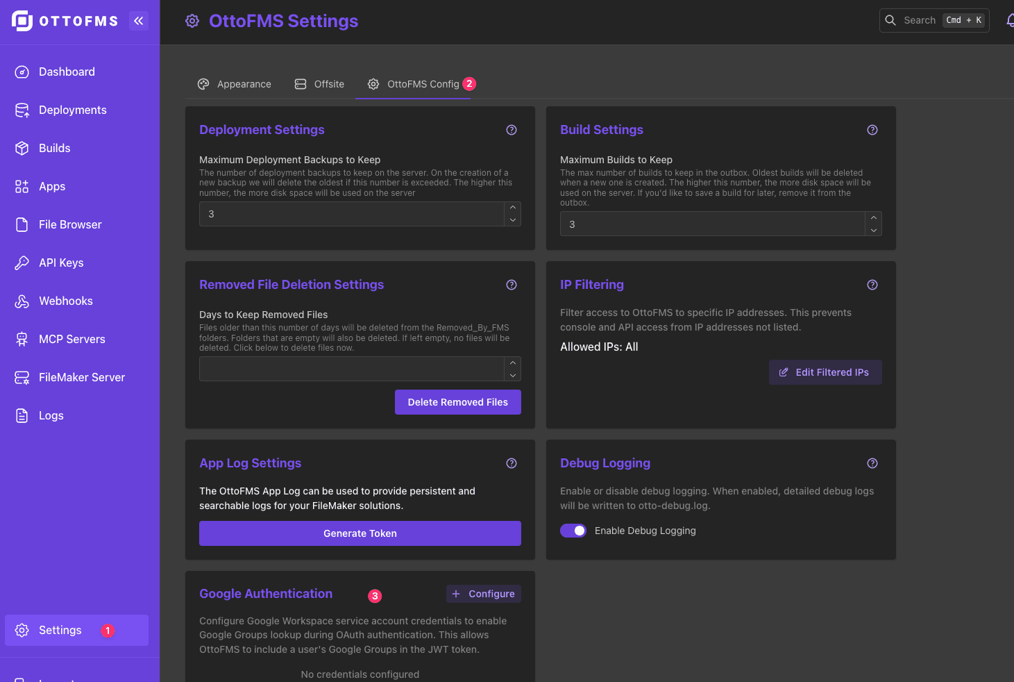 Navigate to OttoFMS Config Settings