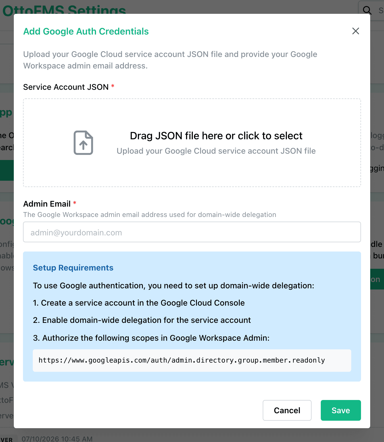 Upload Google OAuth JSON File and Admin Email