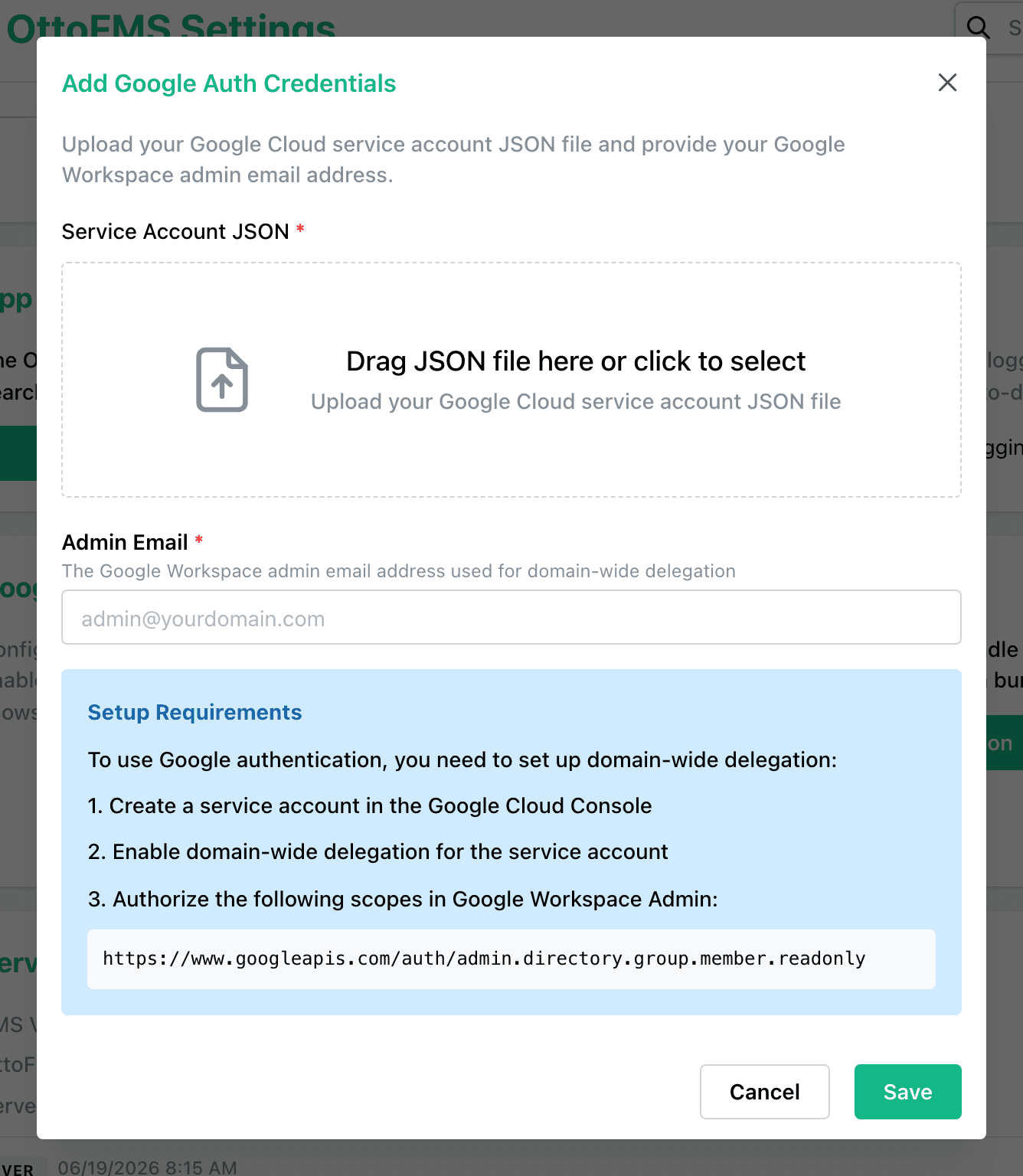 Upload Google OAuth JSON File and Admin Email