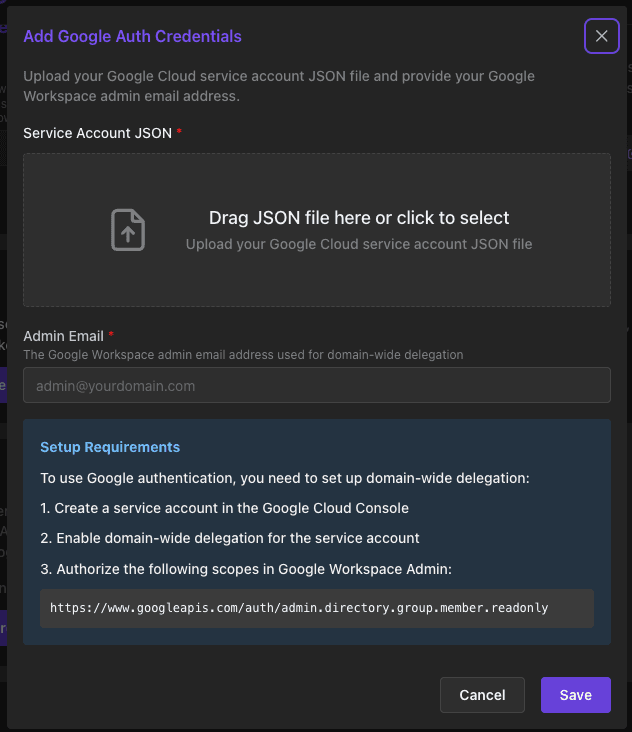 Upload Google OAuth JSON File and Admin Email